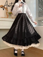 White Long Skirts Women Japanese Style Lace Double Layer Skirt Female Fashion Sweet Loose Half Skirt Preppy Ruffled A-line Skirt Aiertu