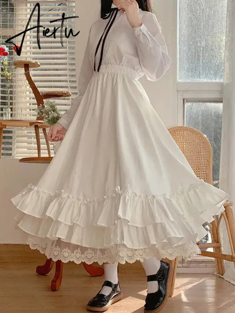 White Long Skirts Women Japanese Style Lace Double Layer Skirt Female Fashion Sweet Loose Half Skirt Preppy Ruffled A-line Skirt Aiertu