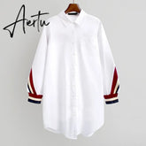 White Loose Button Up Stripe Bandage Shirts Women Blouses Turn-Down Collar Woven Long Sleeve Plus Size Ladies Tops Aiertu