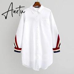 White Loose Button Up Stripe Bandage Shirts Women Blouses Turn-Down Collar Woven Long Sleeve Plus Size Ladies Tops Aiertu