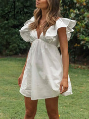 White Ruffled Beach Flying Sleeve Cotton Sundress Women Tie Up Back V Neck Short Femme Vestidos Dress for petite Aiertu