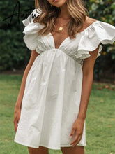 White Ruffled Beach Flying Sleeve Cotton Sundress Women Tie Up Back V Neck Short Femme Vestidos Dress for petite Aiertu