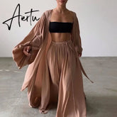 White Sexy Three Piece Set For Women Slim Vest Lantern Sleeve Coat Wide Leg Pants Loose Sets Female Fashion New Aiertu