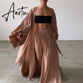 White Sexy Three Piece Set For Women Slim Vest Lantern Sleeve Coat Wide Leg Pants Loose Sets Female Fashion New Aiertu