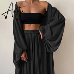 White Sexy Three Piece Set For Women Slim Vest Lantern Sleeve Coat Wide Leg Pants Loose Sets Female Fashion New Aiertu
