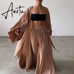 White Sexy Three Piece Set For Women Slim Vest Lantern Sleeve Coat Wide Leg Pants Loose Sets Female Fashion New Aiertu