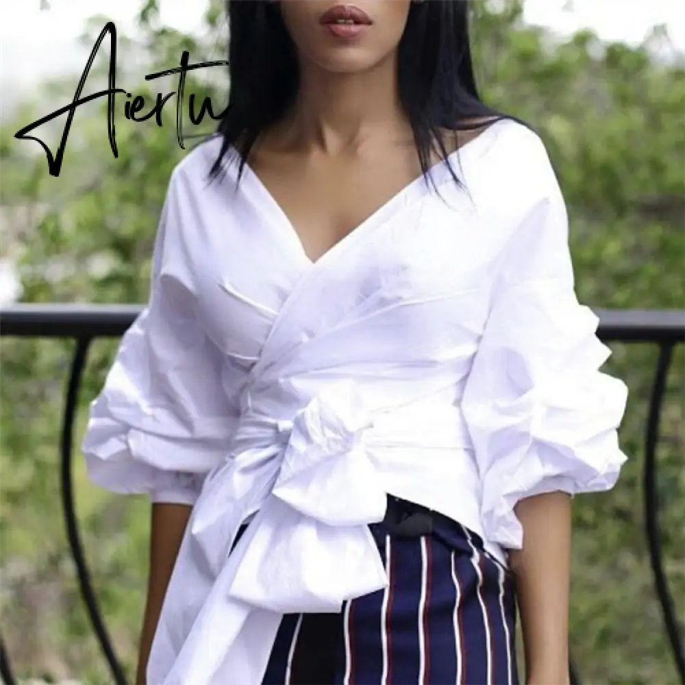 White Shirts Blouses Peplum Tops Puff Sleeves with Waist Belt Bowtie V Neck Large Size Women's Fashion Female Clothes New Blusas Aiertu