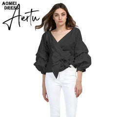 White Shirts Blouses Peplum Tops Puff Sleeves with Waist Belt Bowtie V Neck Large Size Women's Fashion Female Clothes New Blusas Aiertu