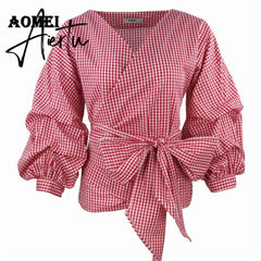 White Shirts Blouses Peplum Tops Puff Sleeves with Waist Belt Bowtie V Neck Large Size Women's Fashion Female Clothes New Blusas Aiertu