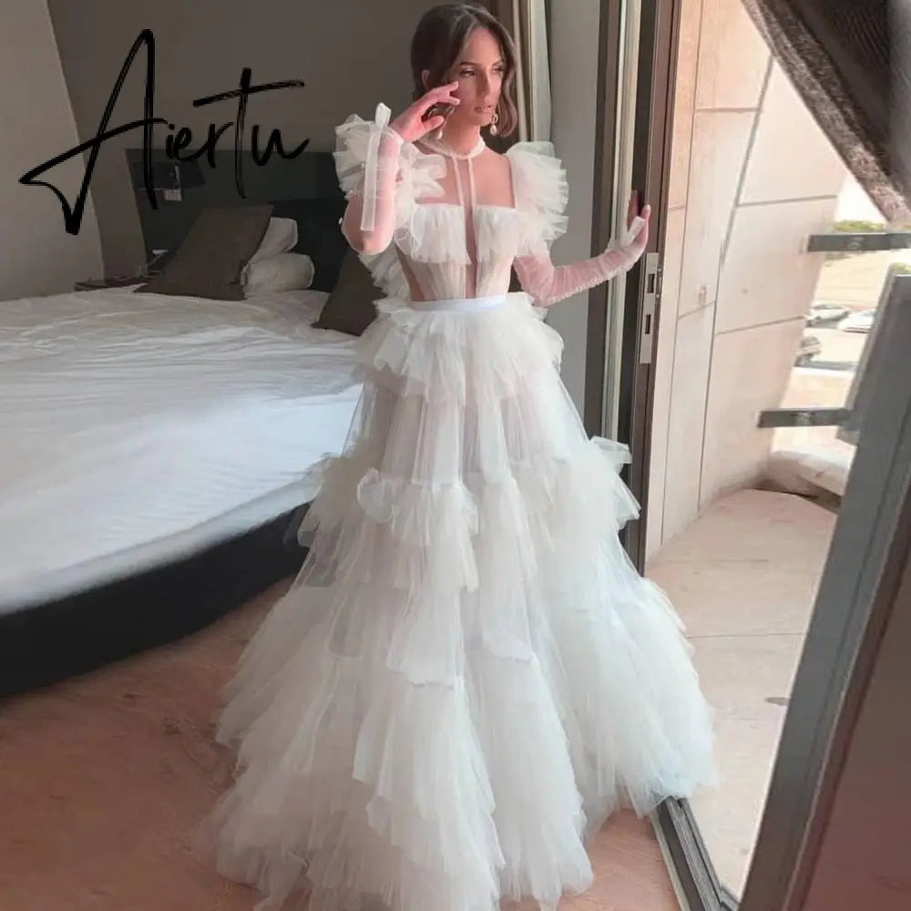 White Tulle Dress Long Sleeves Formal Party Dresses Puffy Ruffled Tulle A Line Gowns For Wedding Robe de soiree Custom Made Aiertu
