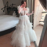 White Tulle Dress Long Sleeves Formal Party Dresses Puffy Ruffled Tulle A Line Gowns For Wedding Robe de soiree Custom Made Aiertu