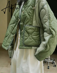 Winter Color Contrast Cotton Padded Jacket Women Loose Light Casual Warm Parkas Female Sense Design Black/Green Aiertu