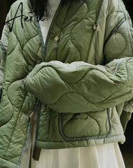 Winter Color Contrast Cotton Padded Jacket Women Loose Light Casual Warm Parkas Female Sense Design Black/Green Aiertu