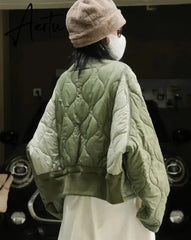 Winter Color Contrast Cotton Padded Jacket Women Loose Light Casual Warm Parkas Female Sense Design Black/Green Aiertu