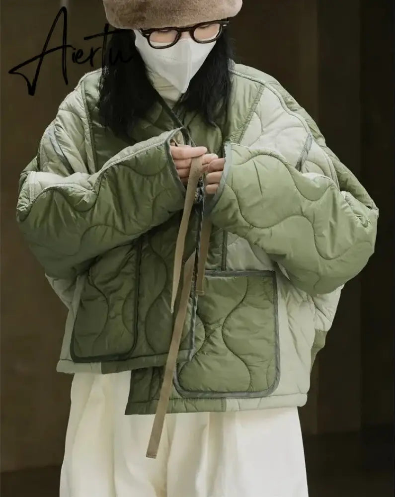 Winter Color Contrast Cotton Padded Jacket Women Loose Light Casual Warm Parkas Female Sense Design Black/Green Aiertu