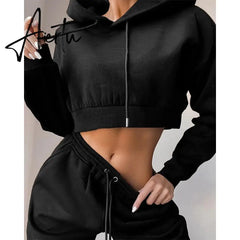 Winter Fleece Hoodies Short Tops and Pants 2 Piece Set Women Tracksuit Sportswear Fashion Casual Streetwear Clothes Outfit Aiertu