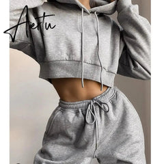Winter Fleece Hoodies Short Tops and Pants 2 Piece Set Women Tracksuit Sportswear Fashion Casual Streetwear Clothes Outfit Aiertu