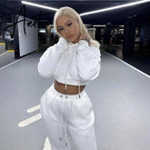 Winter Fleece Hoodies Short Tops and Pants 2 Piece Set Women Tracksuit Sportswear Fashion Casual Streetwear Clothes Outfit Aiertu