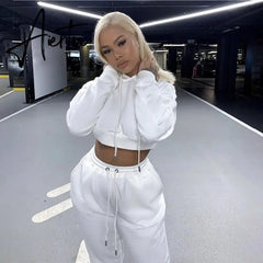 Winter Fleece Hoodies Short Tops and Pants 2 Piece Set Women Tracksuit Sportswear Fashion Casual Streetwear Clothes Outfit Aiertu