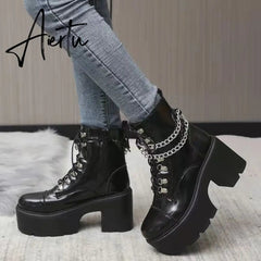 Winter Gothic Punk Womens Platform Boots Black Buckle Strap Zipper Creeper Wedges Shoes Mid Calf Military Combat Boots Women Aiertu