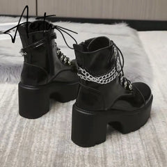 Winter Gothic Punk Womens Platform Boots Black Buckle Strap Zipper Creeper Wedges Shoes Mid Calf Military Combat Boots Women Aiertu