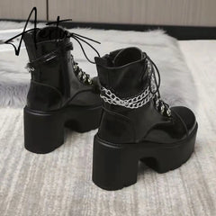 Winter Gothic Punk Womens Platform Boots Black Buckle Strap Zipper Creeper Wedges Shoes Mid Calf Military Combat Boots Women Aiertu