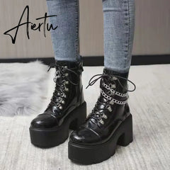 Winter Gothic Punk Womens Platform Boots Black Buckle Strap Zipper Creeper Wedges Shoes Mid Calf Military Combat Boots Women Aiertu
