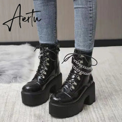Winter Gothic Punk Womens Platform Boots Black Buckle Strap Zipper Creeper Wedges Shoes Mid Calf Military Combat Boots Women Aiertu