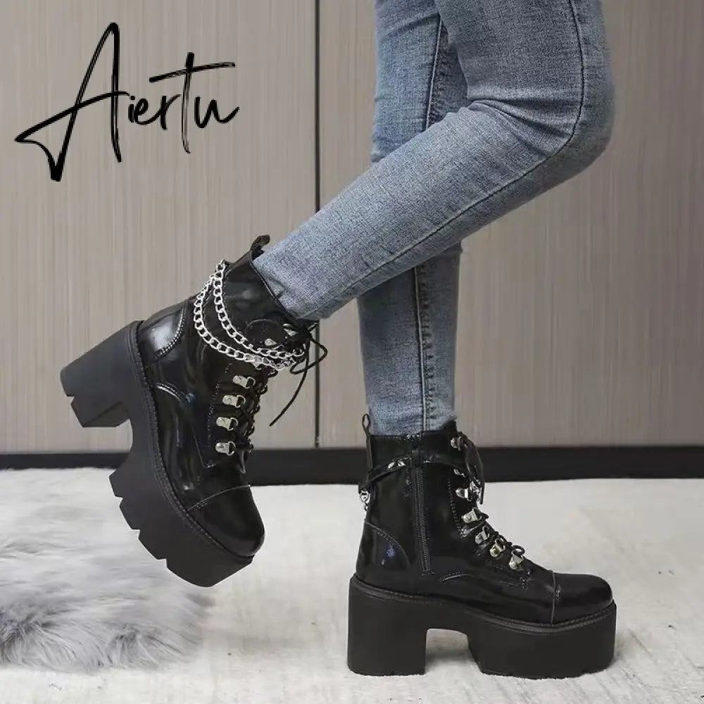 Winter Gothic Punk Womens Platform Boots Black Buckle Strap Zipper Creeper Wedges Shoes Mid Calf Military Combat Boots Women Aiertu