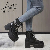 Winter Gothic Punk Womens Platform Boots Black Buckle Strap Zipper Creeper Wedges Shoes Mid Calf Military Combat Boots Women Aiertu