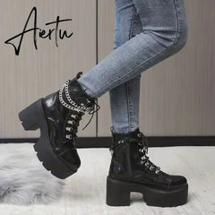 Winter Gothic Punk Womens Platform Boots Black Buckle Strap Zipper Creeper Wedges Shoes Mid Calf Military Combat Boots Women Aiertu