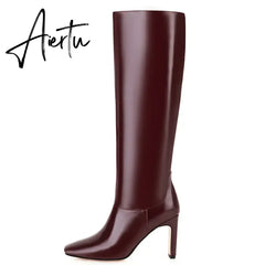 Winter Knee High Boots Women High Heel Long Knight Boots Shoes Square Toe Fashion Sexy Chelsea Boots For Women Large Size 48 Aiertu