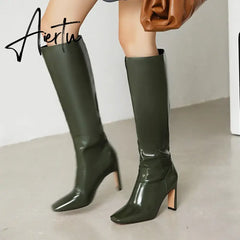 Winter Knee High Boots Women High Heel Long Knight Boots Shoes Square Toe Fashion Sexy Chelsea Boots For Women Large Size 48 Aiertu