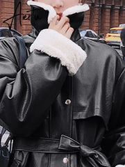 Winter Long Warm Thick Leather Trench Coat for Women with Faux Fur Inside Belt Loose Korean Fashion Fur Lined Parka Aiertu
