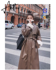 Winter Long Warm Thick Leather Trench Coat for Women with Faux Fur Inside Belt Loose Korean Fashion Fur Lined Parka Aiertu