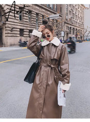 Winter Long Warm Thick Leather Trench Coat for Women with Faux Fur Inside Belt Loose Korean Fashion Fur Lined Parka Aiertu