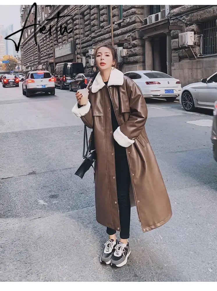 Winter Long Warm Thick Leather Trench Coat for Women with Faux Fur Inside Belt Loose Korean Fashion Fur Lined Parka Aiertu