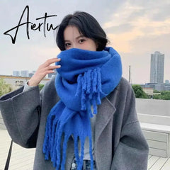 Winter Scarf Women Luxury Autumn Winter Cashmere Scarf Thickened Warm Shawl Classic Tassels Fluffy Scarf Solid Color Soft Shawl Aiertu