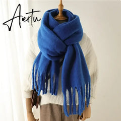 Winter Scarf Women Luxury Autumn Winter Cashmere Scarf Thickened Warm Shawl Classic Tassels Fluffy Scarf Solid Color Soft Shawl Aiertu