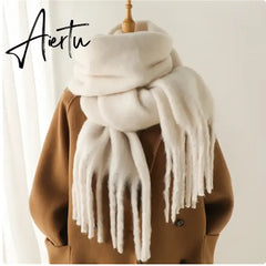 Winter Scarf Women Luxury Autumn Winter Cashmere Scarf Thickened Warm Shawl Classic Tassels Fluffy Scarf Solid Color Soft Shawl Aiertu