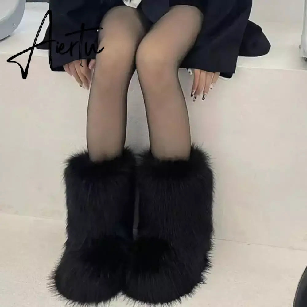 Winter Shoe Women's Winter Fluffy Faux Fox Fur Boots Woman Plush Warm Snow Boots Luxury Footwear Girls' Furry Fur Bottes Fashion Aiertu