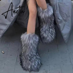 Winter Shoe Women's Winter Fluffy Faux Fox Fur Boots Woman Plush Warm Snow Boots Luxury Footwear Girls' Furry Fur Bottes Fashion Aiertu