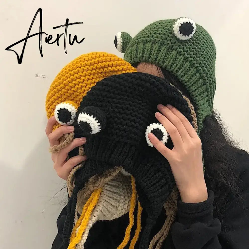 Winter Skullies Female Frog Hat Crochet Warm Knitted Hat Costume Beanie Hats Cap Women Gift Hat Photography Prop Party Aiertu