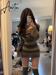 Aiertu Winter Slim Stripe Knitted Dress Women Vintage Sweater Party Mini Dress Female Korean Fashion Elegant One Piece Dress New Aiertu