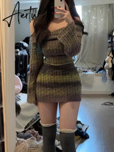 Aiertu Winter Slim Stripe Knitted Dress Women Vintage Sweater Party Mini Dress Female Korean Fashion Elegant One Piece Dress New Aiertu