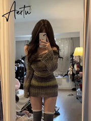 Aiertu Winter Slim Stripe Knitted Dress Women Vintage Sweater Party Mini Dress Female Korean Fashion Elegant One Piece Dress New Aiertu