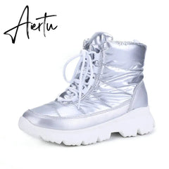 Winter Snow Boots for Women Lace-Up Female Cotton Shoes Anti-skid Waterproof Outdoor Travel Ladies Ankle Boot with Warm Fur Aiertu