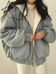 Winter Thicken Warm Parkas Women Oversized Kawaii Double Sided Hooded Coat Ladies Korean Fashion Casual Loose Zip Up Jackets Aiertu