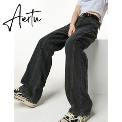 Winter Vintage Navy Blue High Waist Women Jeans American Fashion Streetwear Wide Leg Jean Female Trouser Straight Denim Pants Aiertu