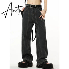 Winter Vintage Navy Blue High Waist Women Jeans American Fashion Streetwear Wide Leg Jean Female Trouser Straight Denim Pants Aiertu